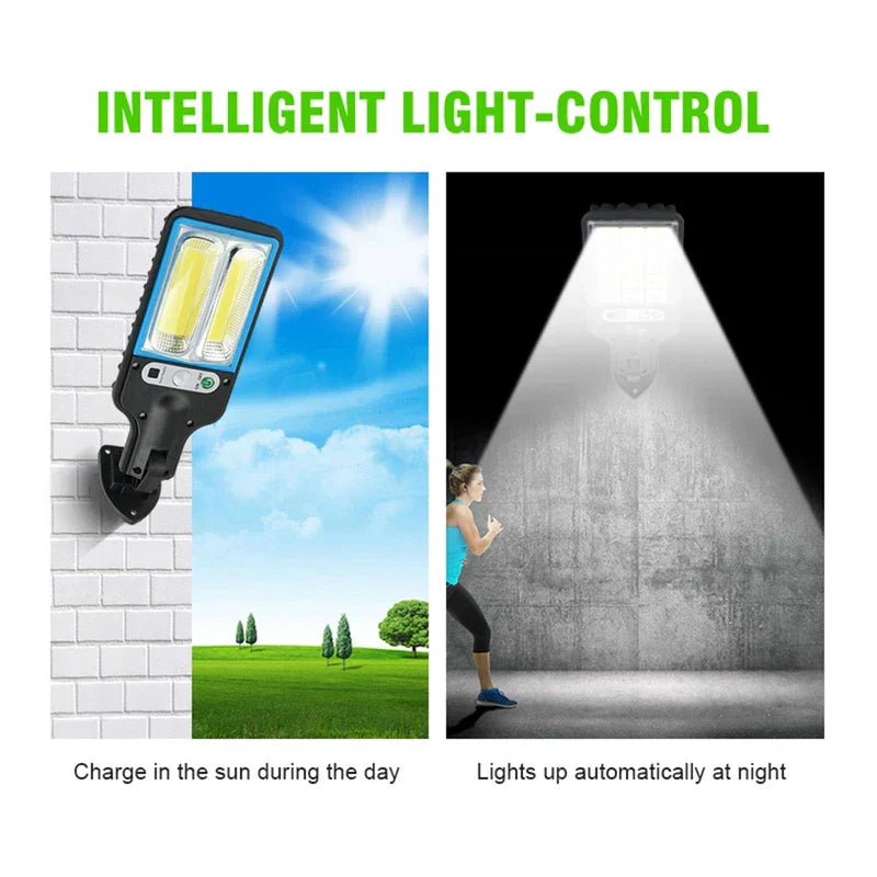 Side-by-side comparison of solar wall light bulb: left shows daytime charging on wall, right shows night illumination on concrete wall