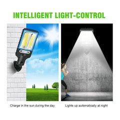 Side-by-side comparison of solar wall light bulb: left shows daytime charging on wall, right shows night illumination on concrete wall