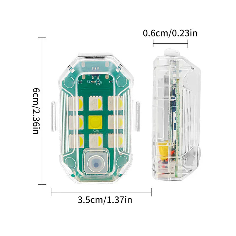 Front and side view of a transparent led warning light with circuit board visible, labeled with centimeter and inch dimensions