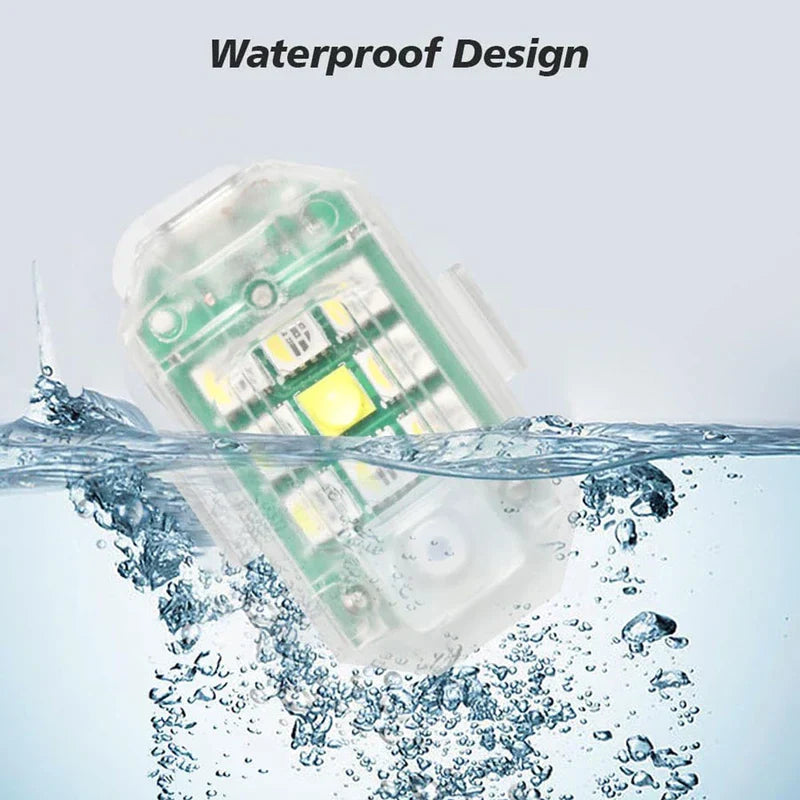 A transparent led warning light partially submerged in water with text 'Waterproof Design' above it