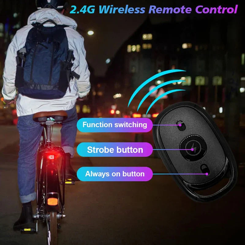 Night scene of a cyclist with a led warning light on their bike, paired with a 2.4G wireless remote control diagram