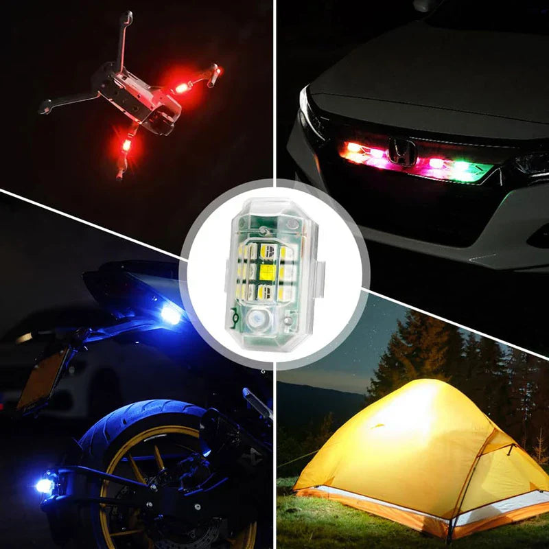 Multicolor led warning light shown in use on a drone, car grille, motorcycle, and camping tent in dark settings, with close-up of the light.