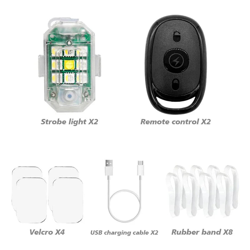 Packaging contents for led warning light set: 2 strobe lights, 2 remotes, 4 velcro pads, 2 USB cables, 8 rubber bands.