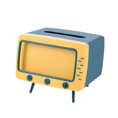 Retro TV style tissue box holder on a wooden table