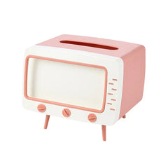 Retro TV-style pink and white tissue box holder with a top tissue slot and decorative front knobs