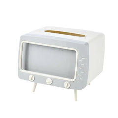 Light gray and white retro TV-shaped tissue box holder with a top opening and front decorative details