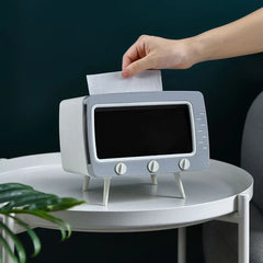 Retro TV tissue box holder in a living room setting