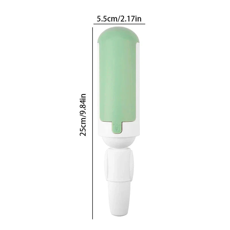 Mint green and white lint brush roller with height 25cm and width 5.5cm measurement labels on white background