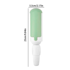 Mint green and white lint brush roller with height 25cm and width 5.5cm measurement labels on white background