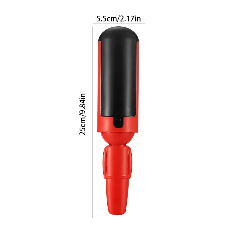 Red and black lint brush roller with height 25cm and width 5.5cm measurement labels on white background