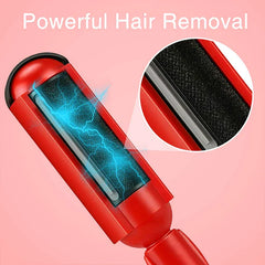 Close-up of a red lint brush roller with a black electrostatic pad, and a magnified inset showing the pad's texture.