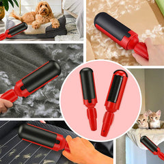 Collage showing a red and black lint brush roller used on couches, blankets, and car seats, with pet cats and a dog in scenes.