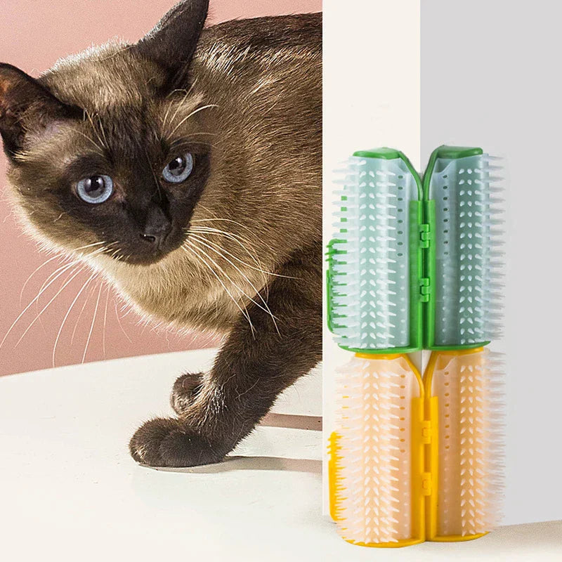 quitapelusas para pelo de mascotas - Gato siamés de pie sobre una superficie blanca junto a cepillos quitapelusas para pelo de mascotas de pared, verdes y amarillos, en una esquina.