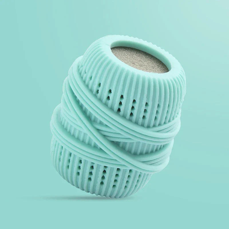 Pale turquoise cleaning ball with ridged perforated body and wrapped bands, on a light turquoise background