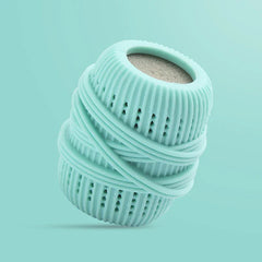 Pale turquoise cleaning ball with ridged perforated body and wrapped bands, on a light turquoise background