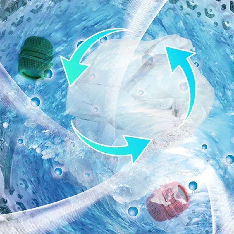 Cleaning Ball - Green and pink cleaning balls in swirling washing machine water with white clothing