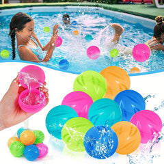Kids playing with magnetic water balloons in a pool, plus a hand opening a pink one and a netted set shown