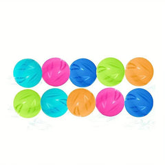 Ten multicolored magnetic water balloons arranged in two horizontal rows on a white background