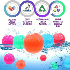 Five colorful magnetic water balloons with water splash effects, and four feature icon badges above