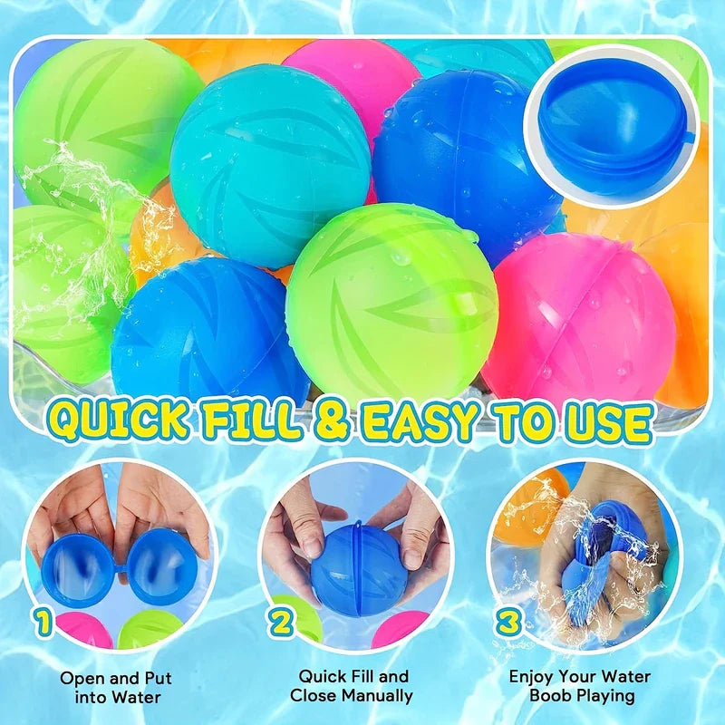 Colorful magnetic water balloons displayed with a 3-step fill and use guide on a blue water-patterned background.