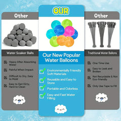 Comparison graphic of magnetic water balloons vs traditional water balloons and water soaker balls with feature lists.