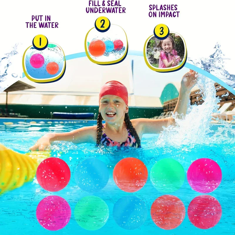 Infographic showing 3-step use of magnetic water balloons, with a girl in a pool and colorful balloons floating on water
