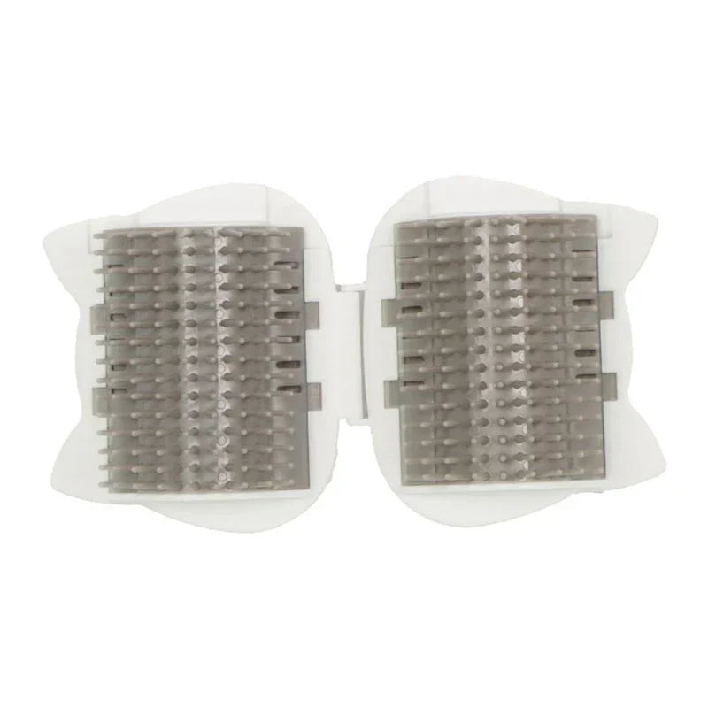 Gray-bristled pet hair remover roller with dual brush panels and white frame