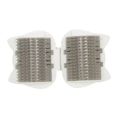 Gray-bristled pet hair remover roller with dual brush panels and white frame