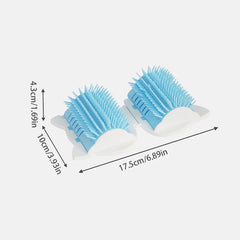 Dual blue and white pet hair remover roller units with labeled dimensions 17.5cm long, 10cm deep, 4.3cm tall