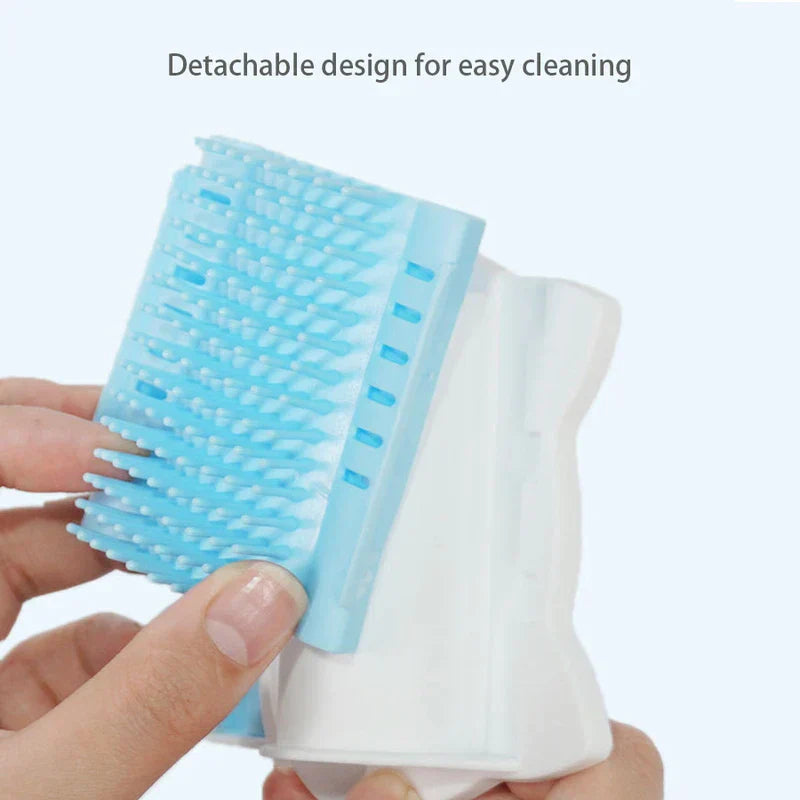 A hand detaches the blue bristle section from a white pet hair remover roller, with text noting detachable design for easy cleaning