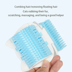 Hand holding a blue and white pet hair remover roller with soft bristles