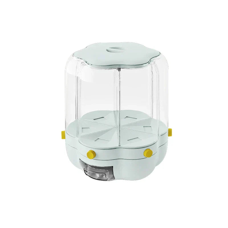 Light blue and clear rotating rice storage container with yellow control buttons, shown empty on a white background
