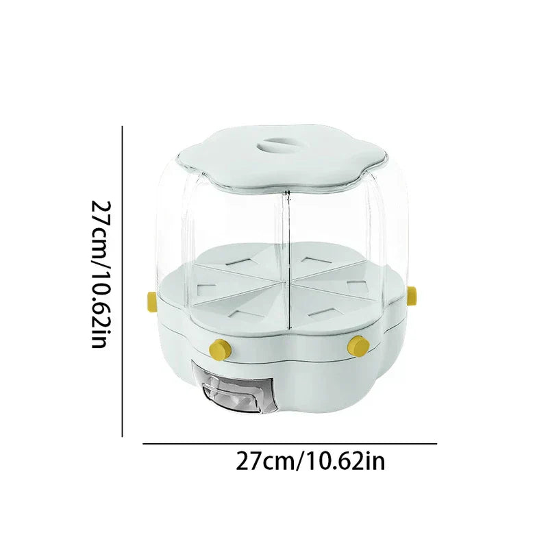 Small 27cm x 27cm light blue flower-shaped rice storage container with transparent upper section and yellow side knobs, on white background