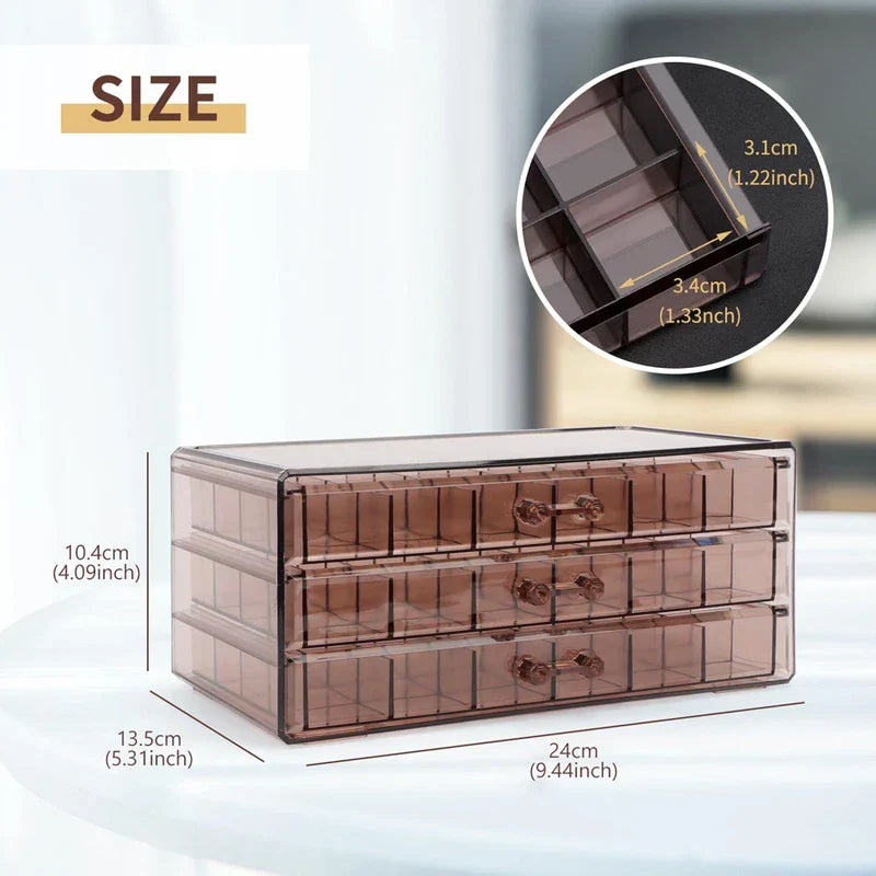 Size dimensions of 3-drawer brown translucent jewelry organizer with grid compartments
