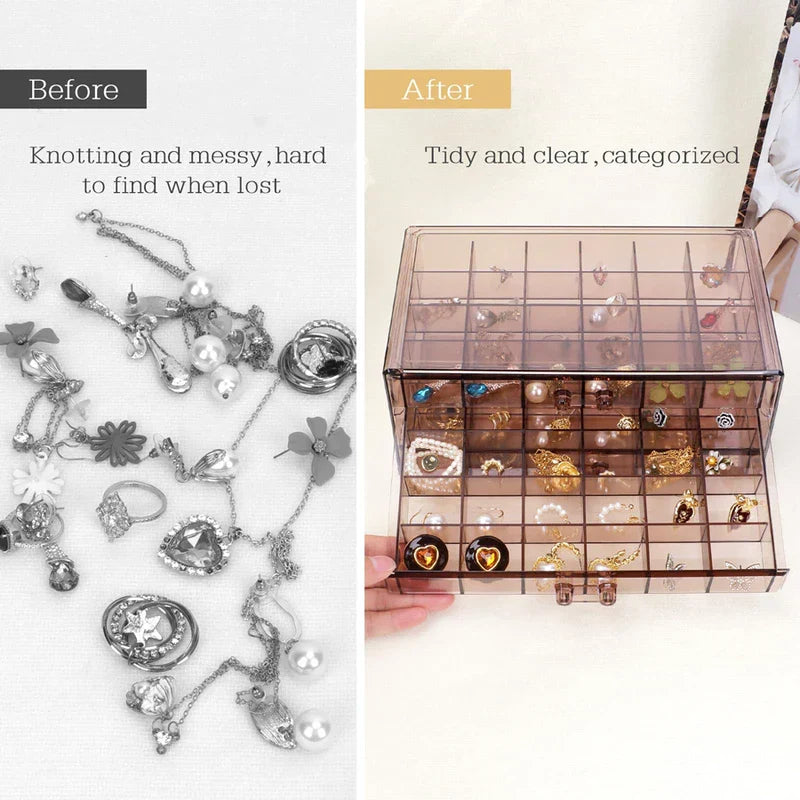 Before and after comparison of messy jewelry organized in drawer storage box