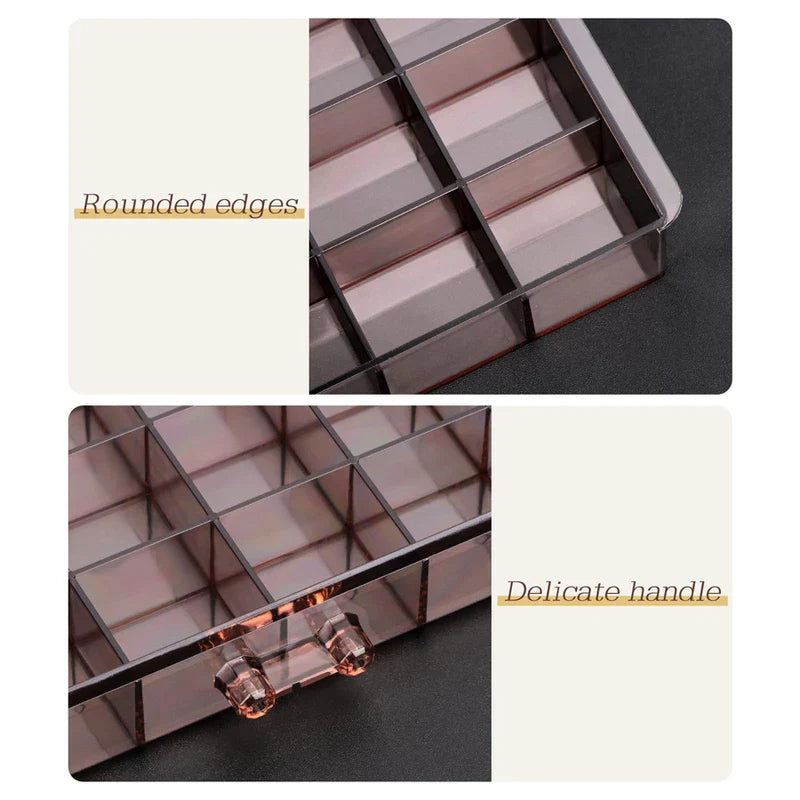 Close-up of rounded edges and delicate handle on plastic jewelry organizer drawer