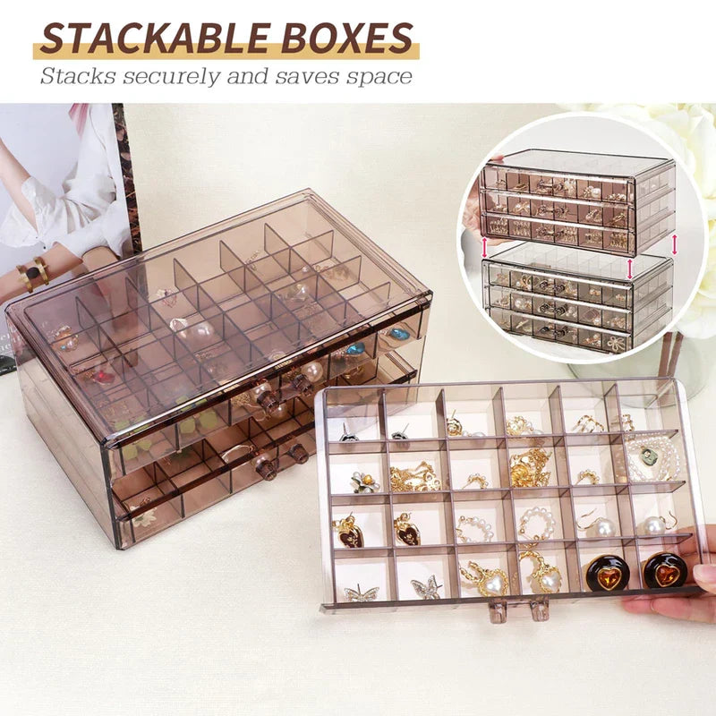 Stackable Brown Plastic Jewelry Organizer Box with Drawers