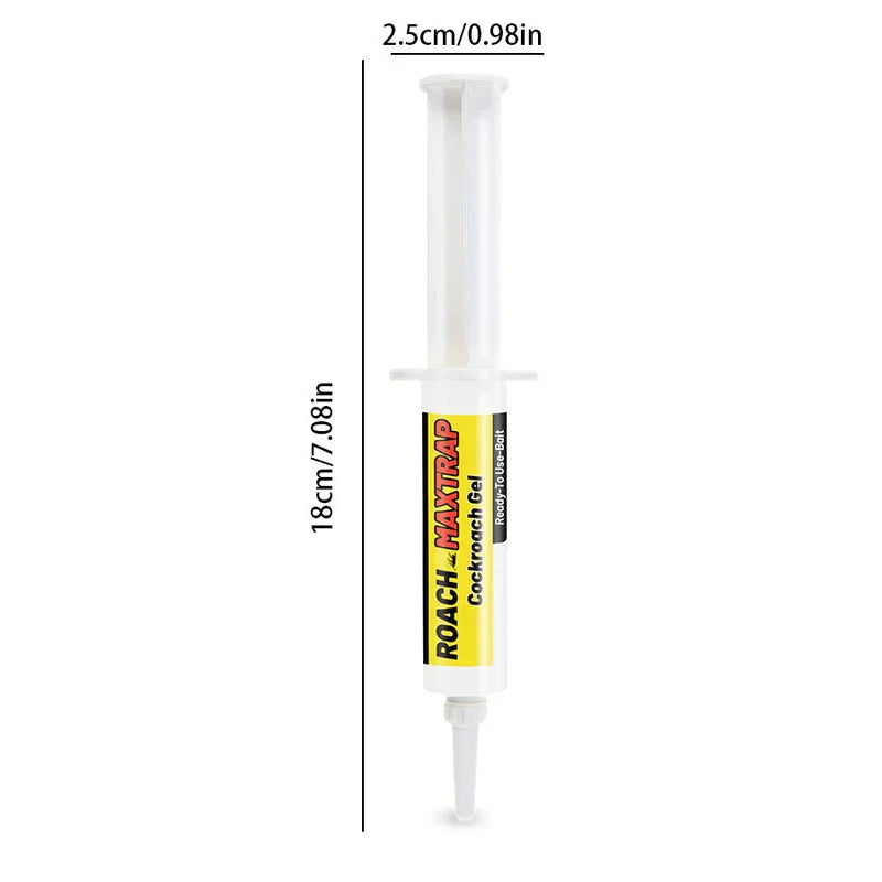 18cm tall syringe-style roach gel bait tube with labeled body, plunger, and narrow dispensing tip.