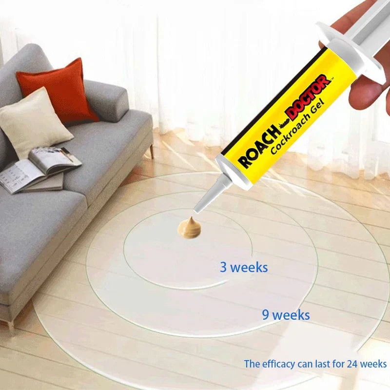 Hand dispenses beige roach gel bait onto glass table; text shows 3 weeks, 9 weeks, 24 week efficacy.
