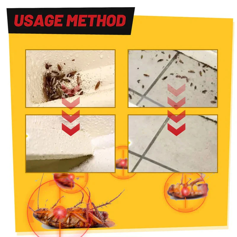 Usage method infographic with before/after roach scenes, dead cockroach graphics, and red target markers for roach gel bait.