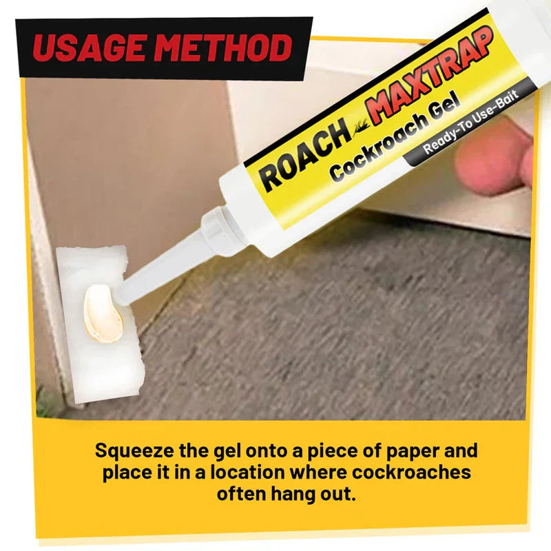 Roach gel bait being squeezed onto a piece of paper, with usage method text above and below the product