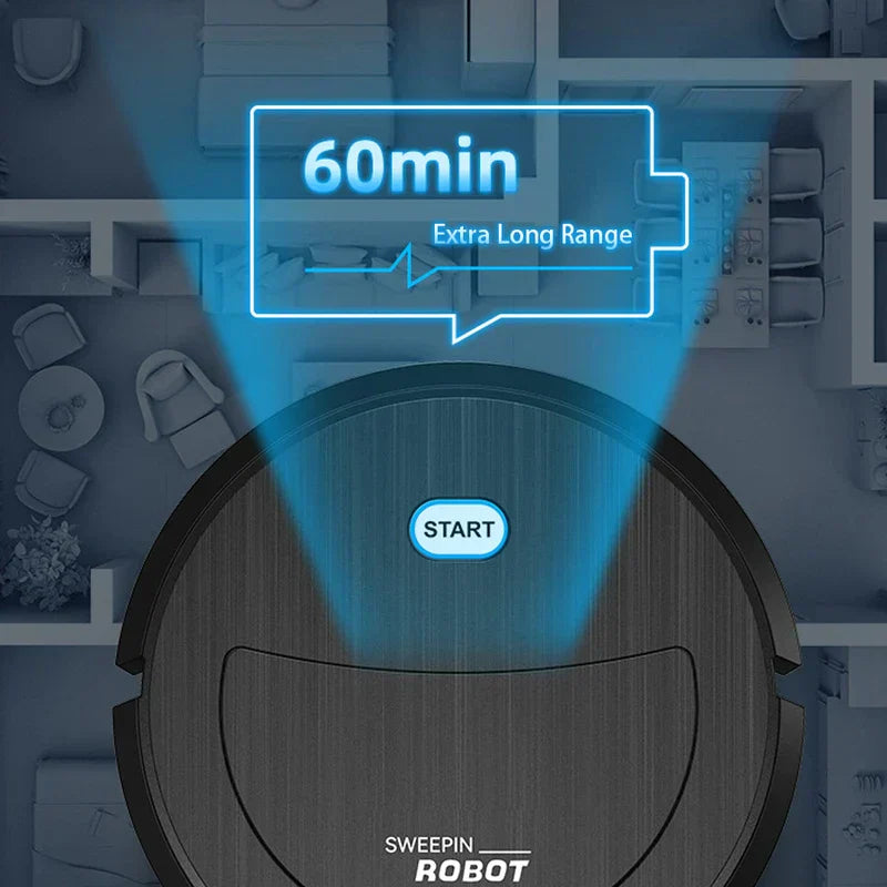 aspiradora robot - Vista superior de una aspiradora robot de veta de madera oscura sobre un plano de casa, con superposición gráfica de 60 min de alcance extra largo.