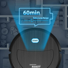 aspiradora robot - Vista superior de una aspiradora robot de veta de madera oscura sobre un plano de casa, con superposición gráfica de 60 min de alcance extra largo.