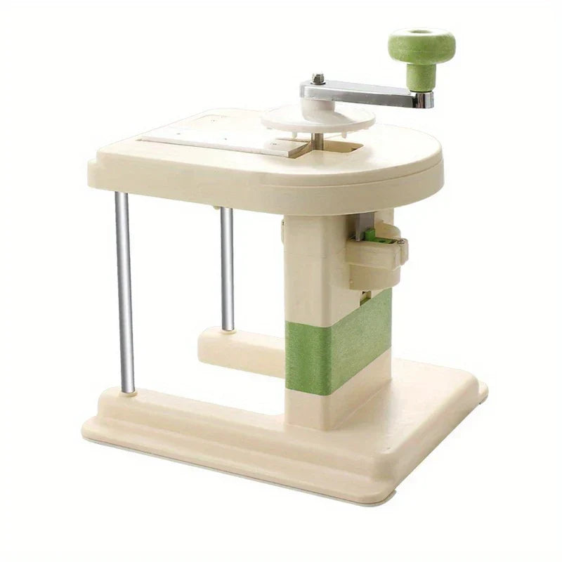 Full view of beige and green rotary kitchen slicer with green crank handle, does homegood have rotary cheese grater