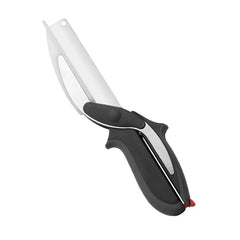 Ergonomic black-handled rotary cutter tool with stainless steel blade, shown at an angle against a white background