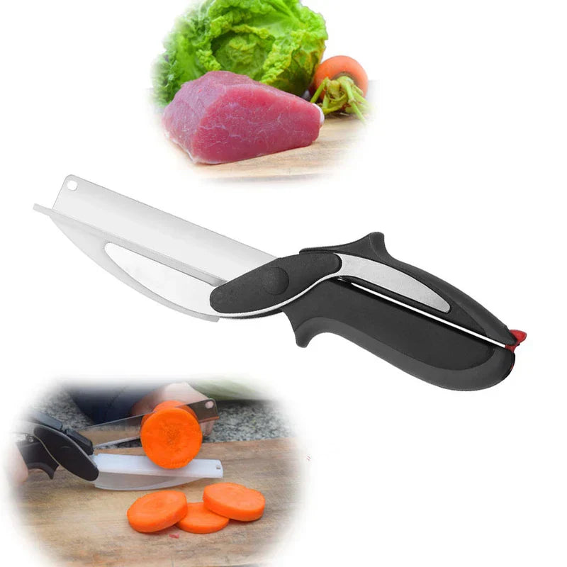 Rotary cutter tool displayed above a scene of it slicing carrots on a cutting board, with raw meat and vegetables in the background