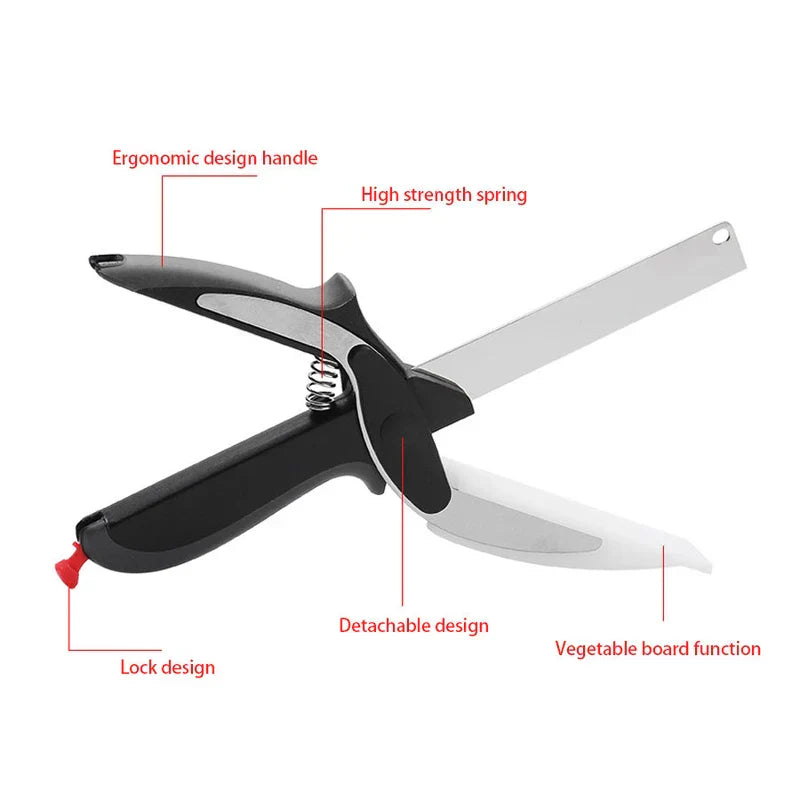 Open rotary cutter tool with labeled parts: ergonomic handle, spring, lock, detachable design, vegetable board function