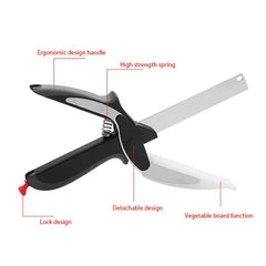 Open rotary cutter tool with labeled parts: ergonomic handle, spring, lock, detachable design, vegetable board function