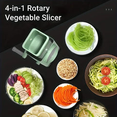 4-in-1 rotary drum grater displayed beside various prepared sliced and shredded vegetable dishes on a dark surface