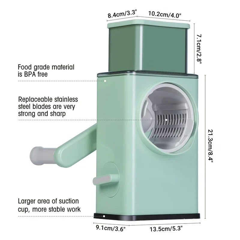 Light green rotary drum grater with dimension labels, showing replaceable blade, suction base, and BPA-free food grade material callouts